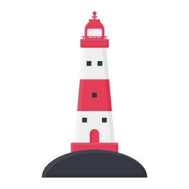 White and Red Lighthouse Tasarımı on Rock. Deniz lşığı Fenerinin Vektör İllüstrasyonu.