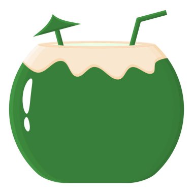 Saman ve Şemsiye Vektörü ile taze hindistan cevizi içeceği. Tatlı ve Sağlıklı Tropik İçecekler.