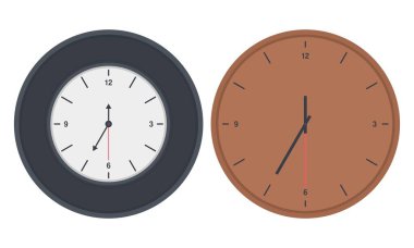 Kara ve Tahta Saat Vektörü. Duvar Saati Dekorasyon Tasarımı. Zaman Ögesi.