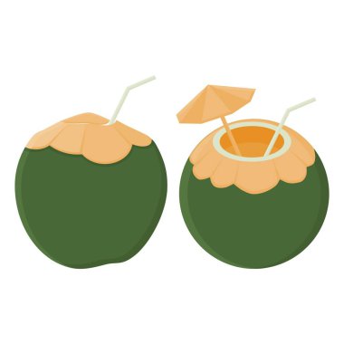 Şemsiye ve Hasır Vektör 'le taze hindistan cevizi içeceği. Sağlıklı Hindistan cevizi içeceği elementleri.