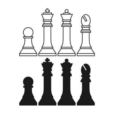 Minimalist Satranç Parçaları Düz Siyah ve Dış Hatlar Tarzı. Strateji Satrancı Parçası Beyaz Arkaplanda Simgeler.