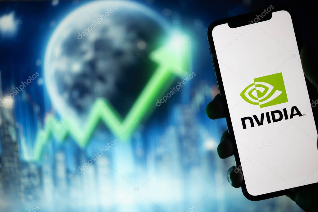 In silhouette, a hand holds a mobile phone displaying the Nvidia logo. The background features a green stock market arrow pointing upward alongside a moon