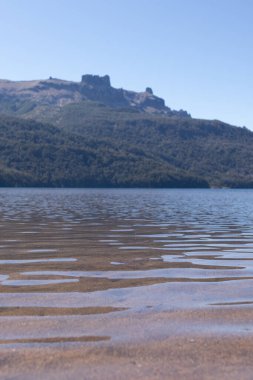 Dikey manzara, dipte dalgalı kahverengi göl suyu ve Arjantin, Lago Falkner 'da koyu yeşil ormanlarla dolu uzak dağlar.