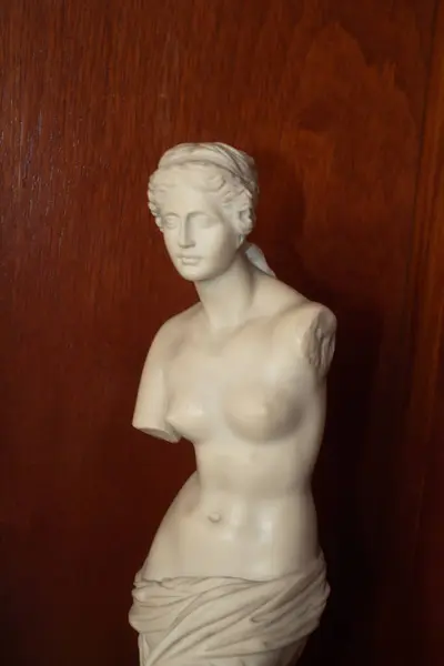 Klasik Yunan çıplak Venus de Milo heykeli (Venere di Milo) seramik heykel yapısı koyu ahşap arka planda