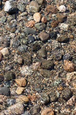 Toprak zeminde kumla kaplı birçok kaya ve çakıl taşı.