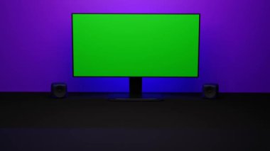 Yeşil arka planda bir televizyon. Stüdyo. koma ekranı Üç Boyut