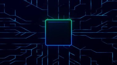 Soyut mavi neon devre kartı arka planı. 3d illüstrasyon.