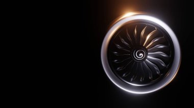 Karmaşık detaylar ve koyu arkaplan ile uçak motoru ön görünümü cesur bir kontrast oluşturur