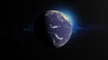 Dünyayı parlayan kıtalar ve karanlık uzay arkaplanıyla kusursuz döngü animasyonunda döndürür