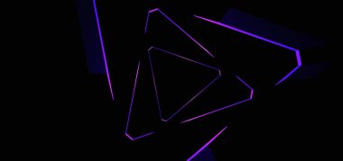 Siyah Arkaplan 'da Neon Mor ve Mavi Üçgen Desenli Soyut 3D Geometrik Sanat