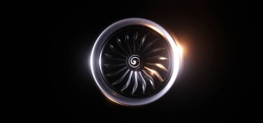 Karanlık Arkaplanda Spiral Tasarım ve Aydınlatılmış Kenarlı Üç Boyutlu Jet Motor Türbini