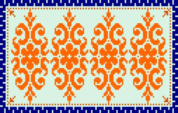 . Piksel etnik desen, vektör işlemeli arka plan, Geometrik geleneksel üçgen tarzı, mavi ve turuncu desenli örgü klasik, tekstil, kumaş, batik, kaftan, lifler için tasarım,