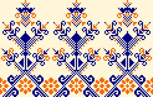 . Piksel etnik desen, vektör işlemeli arka plan, Geometrik geleneksel üçgen tarzı, mavi ve turuncu desenli örgü klasik, tekstil, kumaş, batik, kaftan, lifler için tasarım,