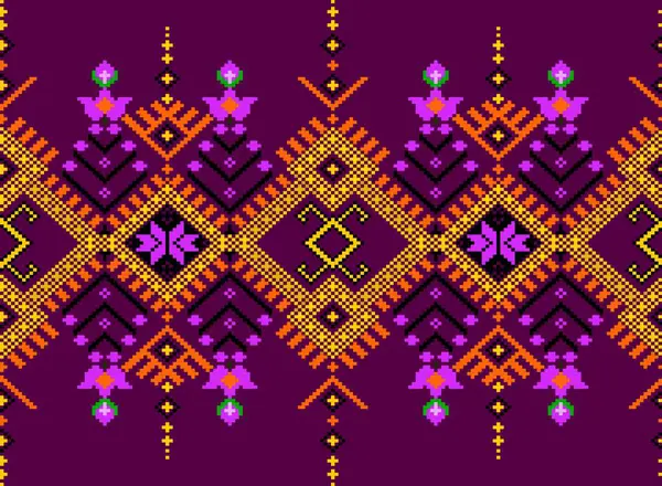 . Piksel etnik desen, vektör işlemeli arka plan, Geometrik geleneksel üçgen tarzı, mavi ve turuncu desenli örgü klasik, tekstil, kumaş, batik, kaftan, lifler için tasarım,