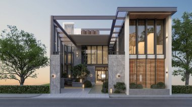 Yazın geniş bir arazide modern bir evin 3 boyutlu görüntüsü. Garaj ve doğal manzara arka planına sahip