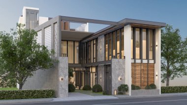 Yazın geniş bir arazide modern bir evin 3 boyutlu görüntüsü. Garaj ve doğal manzara arka planına sahip