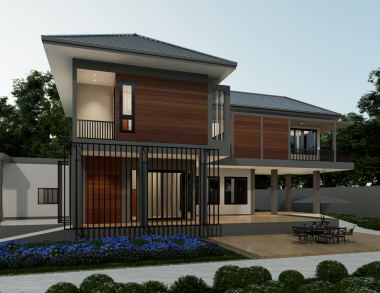 Yazın geniş bir arazide modern bir evin 3 boyutlu görüntüsü. Garaj ve doğal manzara arka planına sahip