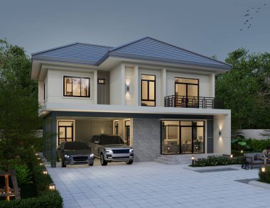 3D illüstrasyon, mimari, modern tarz iki katlı ev, beyaz, gri çatı, garaj ve doğal manzara ile donatılmış.
