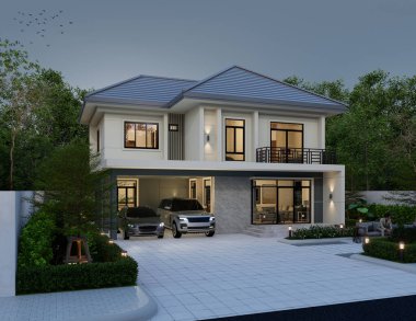 3D illüstrasyon, mimari, modern tarz iki katlı ev, beyaz, gri çatı, garaj ve doğal manzara ile donatılmış.