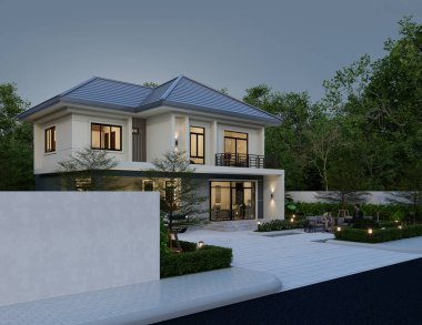 3D illüstrasyon, mimari, modern tarz iki katlı ev, beyaz, gri çatı, garaj ve doğal manzara ile donatılmış.