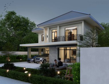 3D illüstrasyon, mimari, modern tarz iki katlı ev, beyaz, gri çatı, garaj ve doğal manzara ile donatılmış.