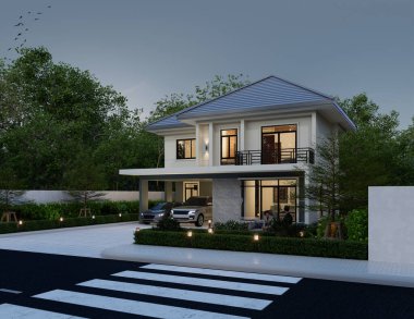 3D illüstrasyon, mimari, modern tarz iki katlı ev, beyaz, gri çatı, garaj ve doğal manzara ile donatılmış.