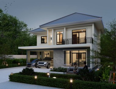 3D illüstrasyon, mimari, modern tarz iki katlı ev, beyaz, gri çatı, garaj ve doğal manzara ile donatılmış.