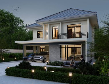 3D illüstrasyon, mimari, modern tarz iki katlı ev, beyaz, gri çatı, garaj ve doğal manzara ile donatılmış.