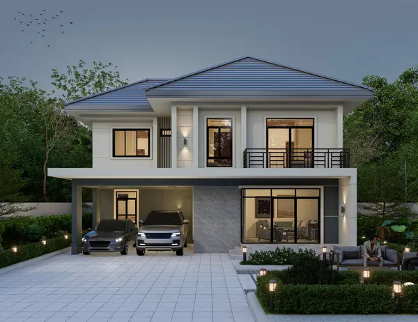 3Dイラスト モダンスタイルの2階建ての家 灰色の屋根 ガレージと自然の景色の背景をレンダリング — ストック写真