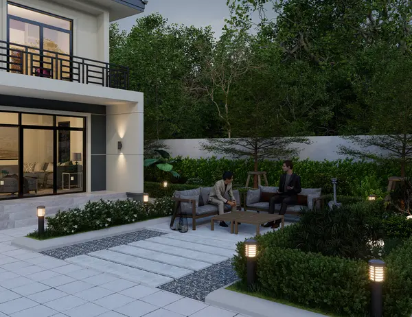 3D illüstrasyon, mimari, modern tarz iki katlı ev, beyaz, gri çatı, garaj ve doğal manzara ile donatılmış.