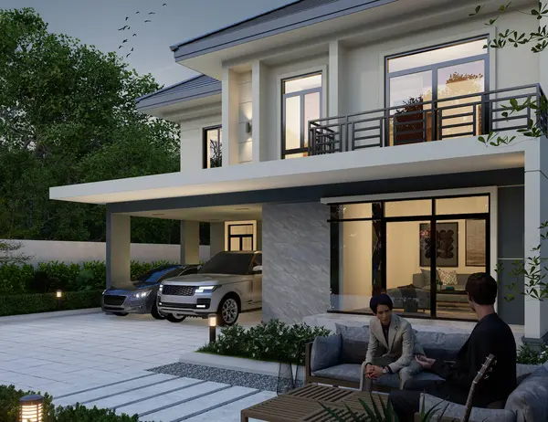 3D illüstrasyon, mimari, modern tarz iki katlı ev, beyaz, gri çatı, garaj ve doğal manzara ile donatılmış.