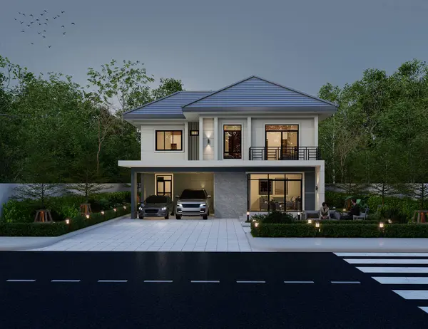 3Dイラスト モダンスタイルの2階建ての家 灰色の屋根 ガレージと自然の景色の背景をレンダリング — ストック写真