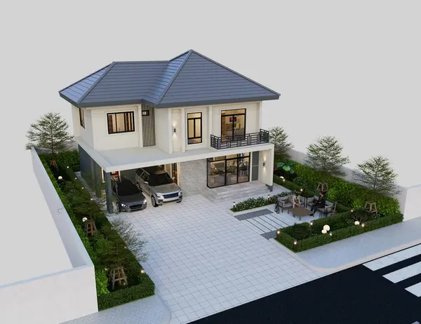 3Dイラスト 現代様式2階建ての家 灰色の屋根 隔離された背景にレンダリング — ストック写真