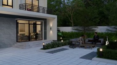 3D illüstrasyon, mimari, modern tarz iki katlı ev, beyaz, gri çatı, garaj ve doğal manzara arkaplanı.