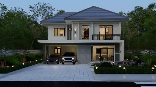 3Dイラスト モダンスタイルの2階建ての家 灰色の屋根 ガレージと自然の景色の背景とレンダリング — ストック動画