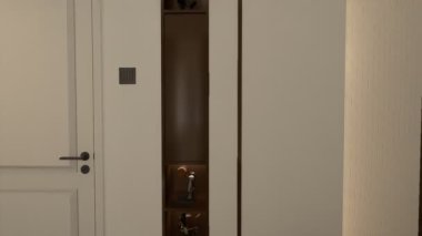 Mobilyalı modern lüks bir yatak odasının 4K görüntüsü, yatak odası tasarımının 3D animasyonu, mimari görselleştirme.