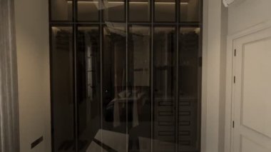 Mobilyalı modern lüks bir yatak odasının 4K görüntüsü, yatak odası tasarımının 3D animasyonu, mimari görselleştirme.