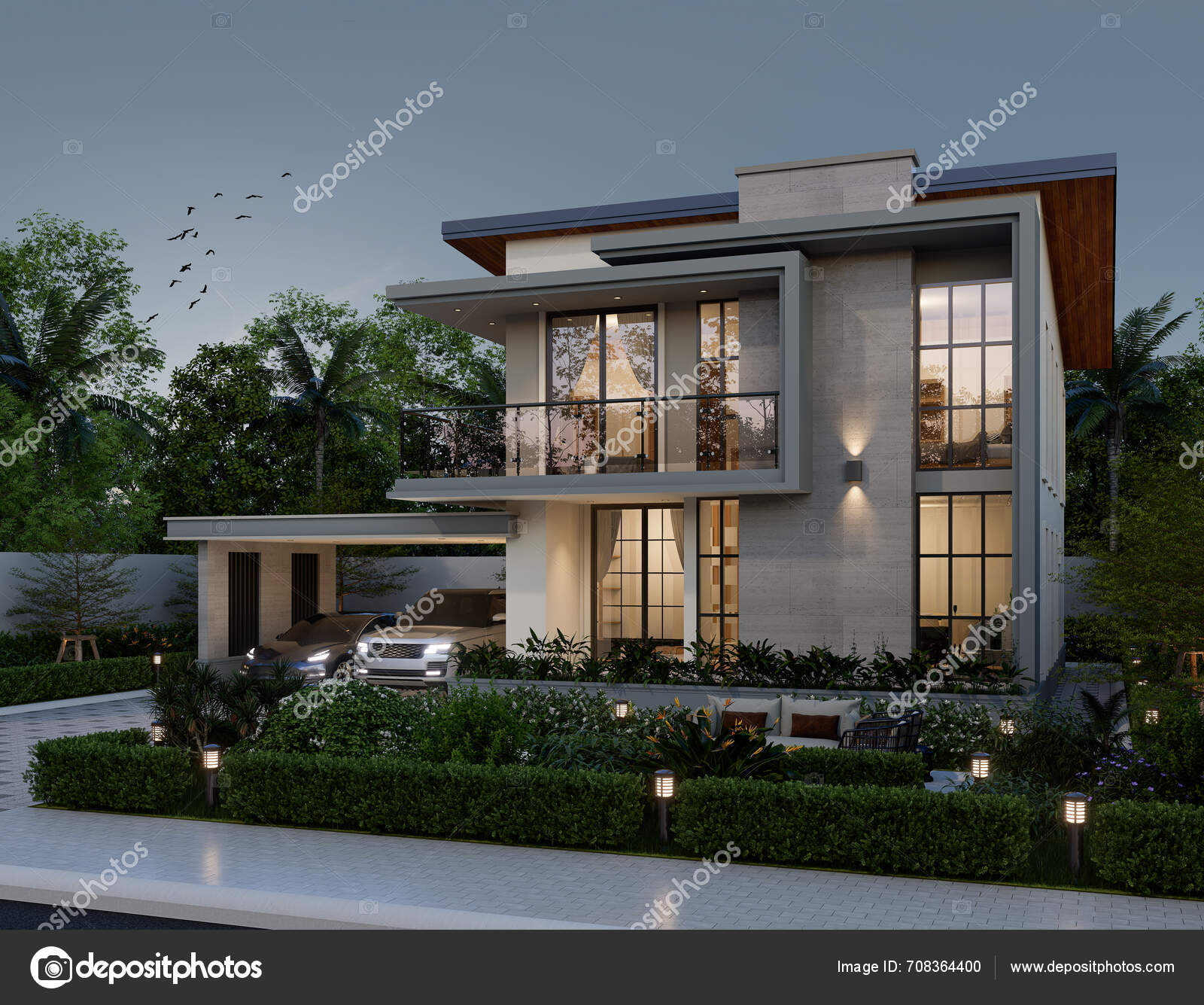 Illustration Architecture Modern Style Two Storey House White Gray Roof