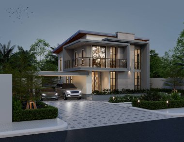3D illüstrasyon, mimari, modern tarz iki katlı ev, beyaz, gri çatı, garaj ve doğal manzara arkaplanı.