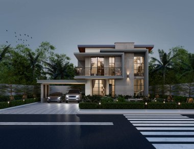 3D illüstrasyon, mimari, modern tarz iki katlı ev, beyaz, gri çatı, garaj ve doğal manzara arkaplanı.