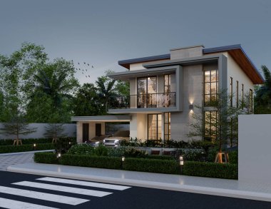3D illüstrasyon, mimari, modern tarz iki katlı ev, beyaz, gri çatı, garaj ve doğal manzara arkaplanı.