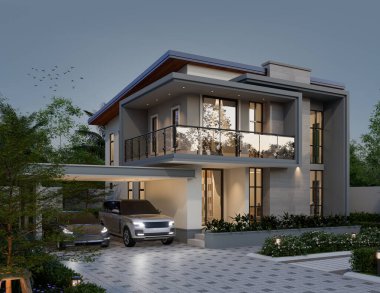 3D illüstrasyon, mimari, modern tarz iki katlı ev, beyaz, gri çatı, garaj ve doğal manzara arkaplanı.