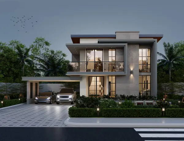 3D illüstrasyon, mimari, modern tarz iki katlı ev, beyaz, gri çatı, garaj ve doğal manzara arkaplanı.