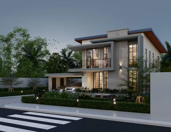 3D illüstrasyon, mimari, modern tarz iki katlı ev, beyaz, gri çatı, garaj ve doğal manzara arkaplanı.