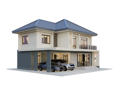 3D illüstrasyon, mimari, modern tarz iki katlı ev, beyaz, gri çatı, beyaz arka plan.