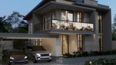 3D illüstrasyon, mimari, modern tarz iki katlı ev, beyaz, gri çatı, garaj ve doğal manzara arkaplanı.