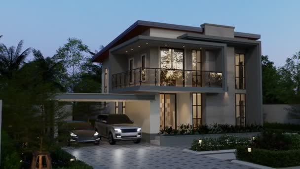 3Dイラスト モダンスタイルの2階建ての家 灰色の屋根 ガレージと自然の景色の背景をレンダリング — ストック動画