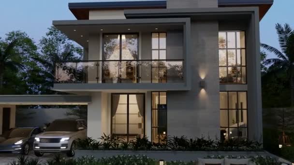 3D插图 现代风格的两层房子 灰色屋顶 带有车库和自然景观背景的渲染 — 图库视频影像
