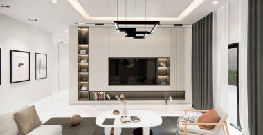 Lüks bir oturma odası iç dekorasyonu, kahverengi ve bej renkli modern kanepe, siyah mermer duvar, tahta ve kitaplık. 3d oluşturma.