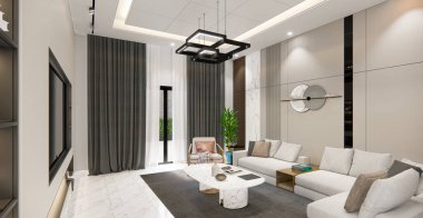 Lüks bir oturma odası iç dekorasyonu, kahverengi ve bej renkli modern kanepe, siyah mermer duvar, tahta ve kitaplık. 3d oluşturma.